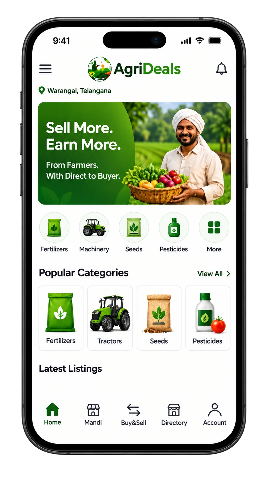The Agri Deals app home screen, showing categories and listings